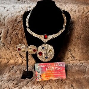 Vintage Style Textured Silver Multi Color Cabochon‎ Collar Necklace Earring Set